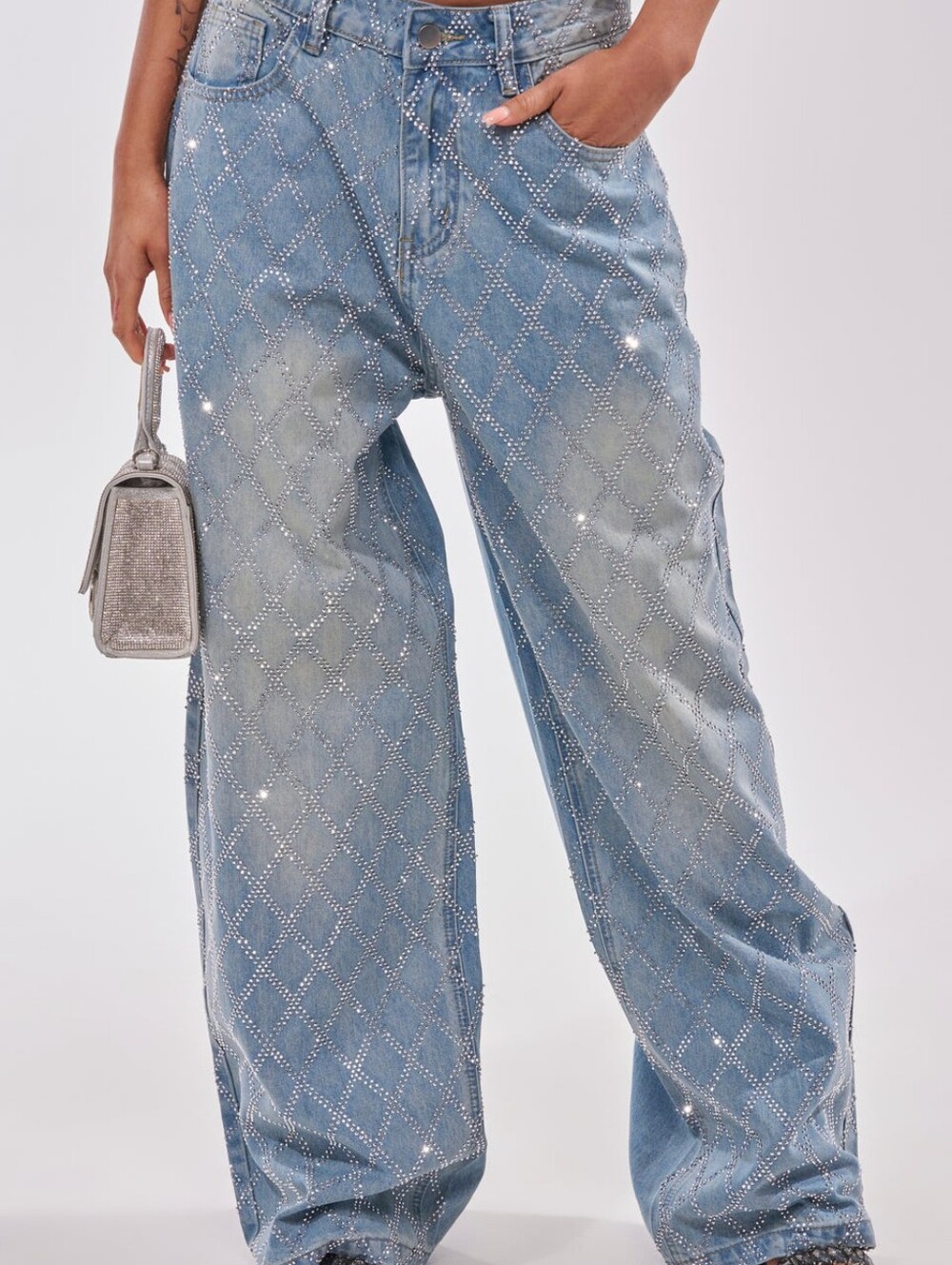 AKIRA Light Blue Wide-Leg Jeans with Diamond Quilted Rhinestones